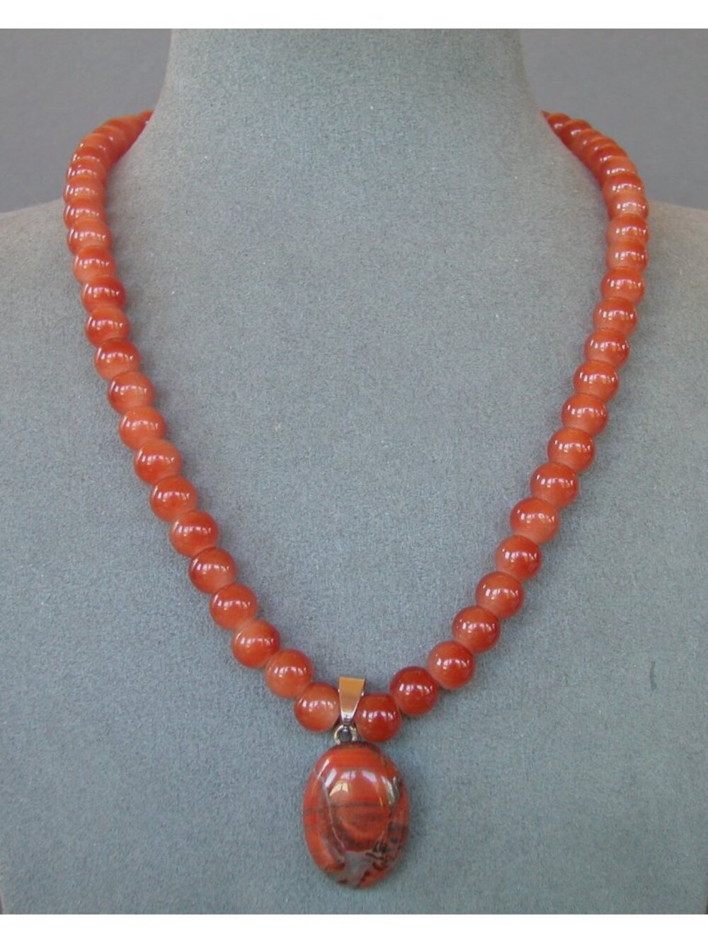 Orange-Red Carnelian Beaded Necklace /Polished Oval Pendant